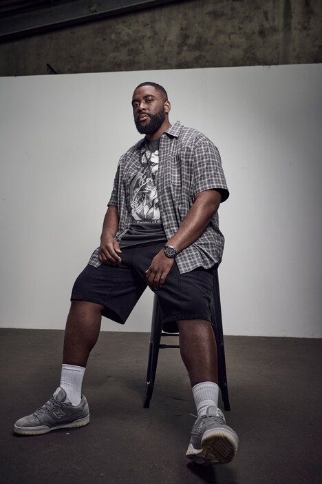 STHUGE check shirt, half sleeve, boxy fit, Kent collar, up to 8XL