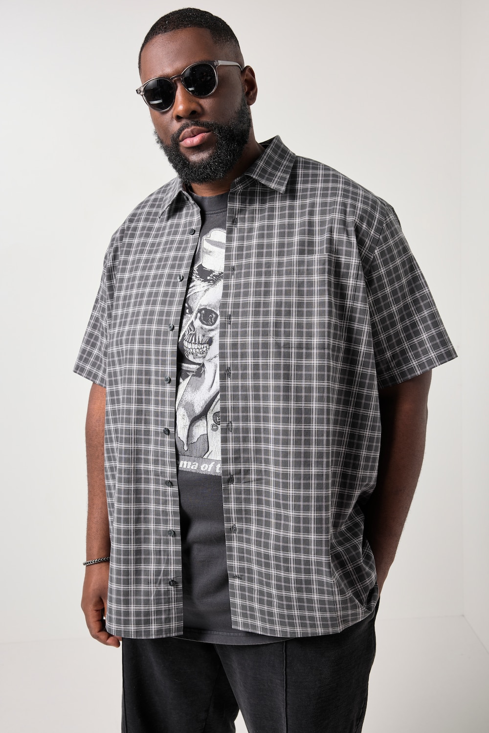 rutet skjorte, halvlange ermer, romslig passform, Kent-krage, opptil 8 XL