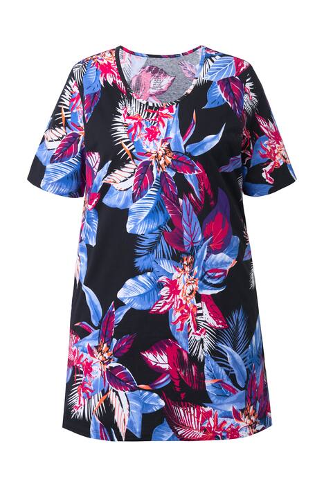 Dlouhé tričko, květovaný vzor, A střih, kulatý výstřih, krátké rukávy