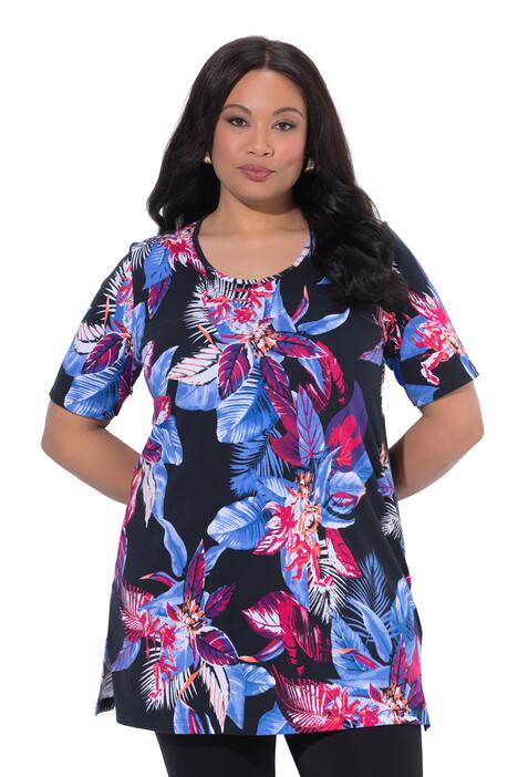 Dlouhé tričko, květovaný vzor, A střih, kulatý výstřih, krátké rukávy