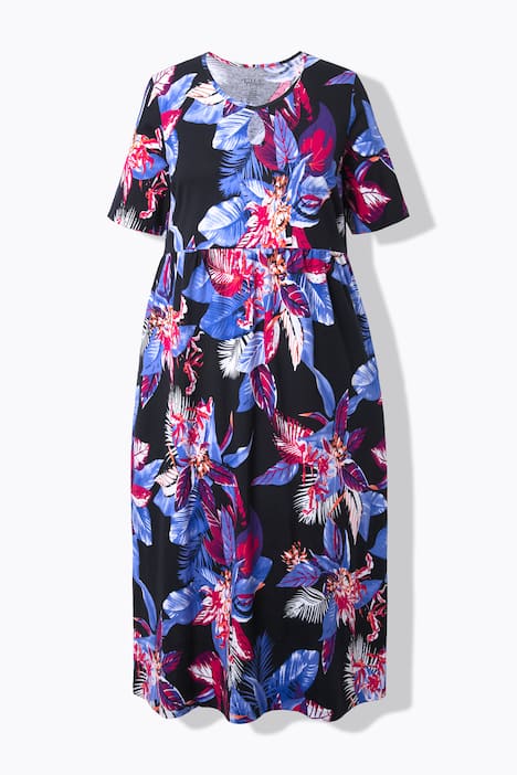 Sukienka maxi, kwiaty, krój trapezowy, okrągły dekolt, rękaw 1/2