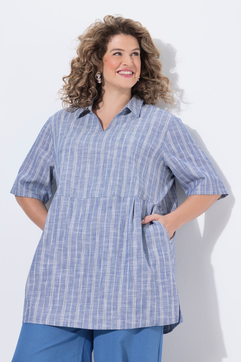 Blusen-Tunika, Streifen, Egg-Shape, Hemdkragen, Halbarm