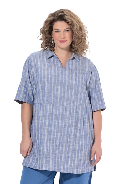 Halenková tunika, pruhy, střih do O, košilový límec, polo rukávy