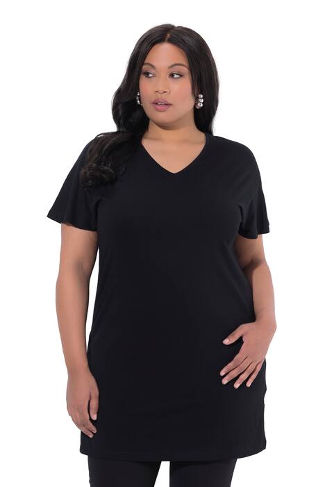 Dlouhé tričko, A střih, výstřih do V, krátké křidélkové rukávy