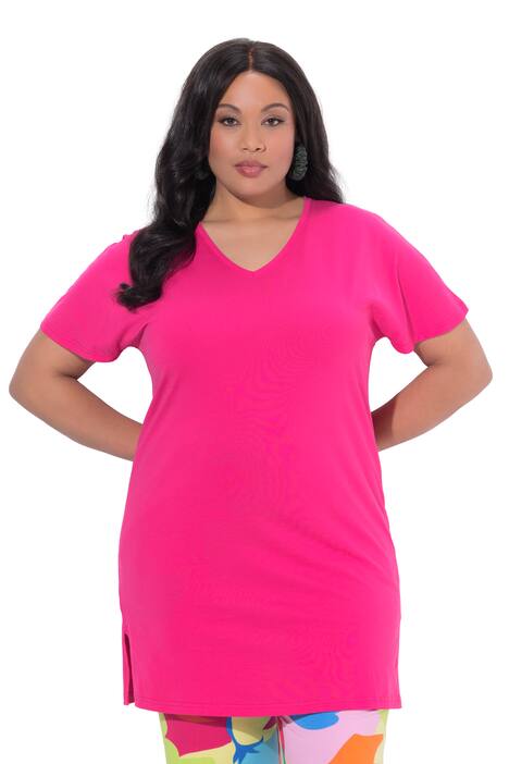 Dlouhé tričko, A střih, výstřih do V, krátké křidélkové rukávy