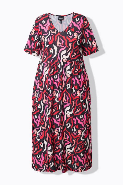 Maxi-jurk, A-lijn, V-hals, korte mouwen, zakken