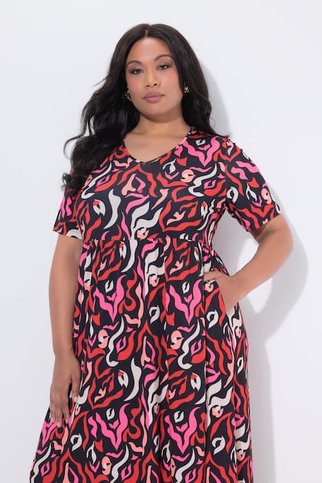 Maxi-jurk, A-lijn, V-hals, korte mouwen, zakken