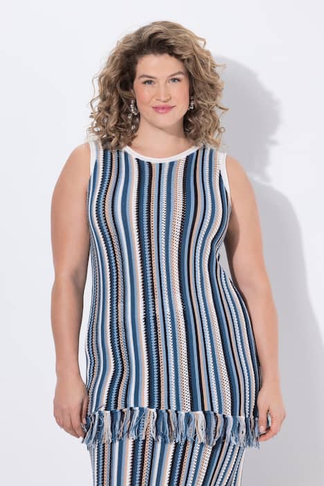 Top in maglia senza maniche con righe a giorno, frange e scollo a girocollo