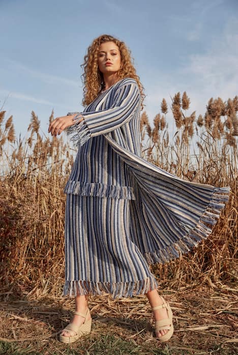 Long-Strickjacke, Ajourstreifen, Fransen, 3/4-Arm