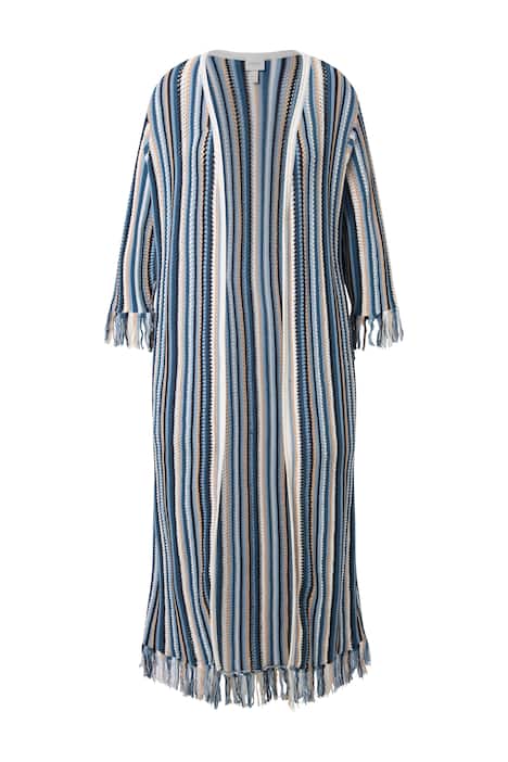 Dlouhý pletený kardigan, ažurové pruhy, třásně, 3/4 rukáv