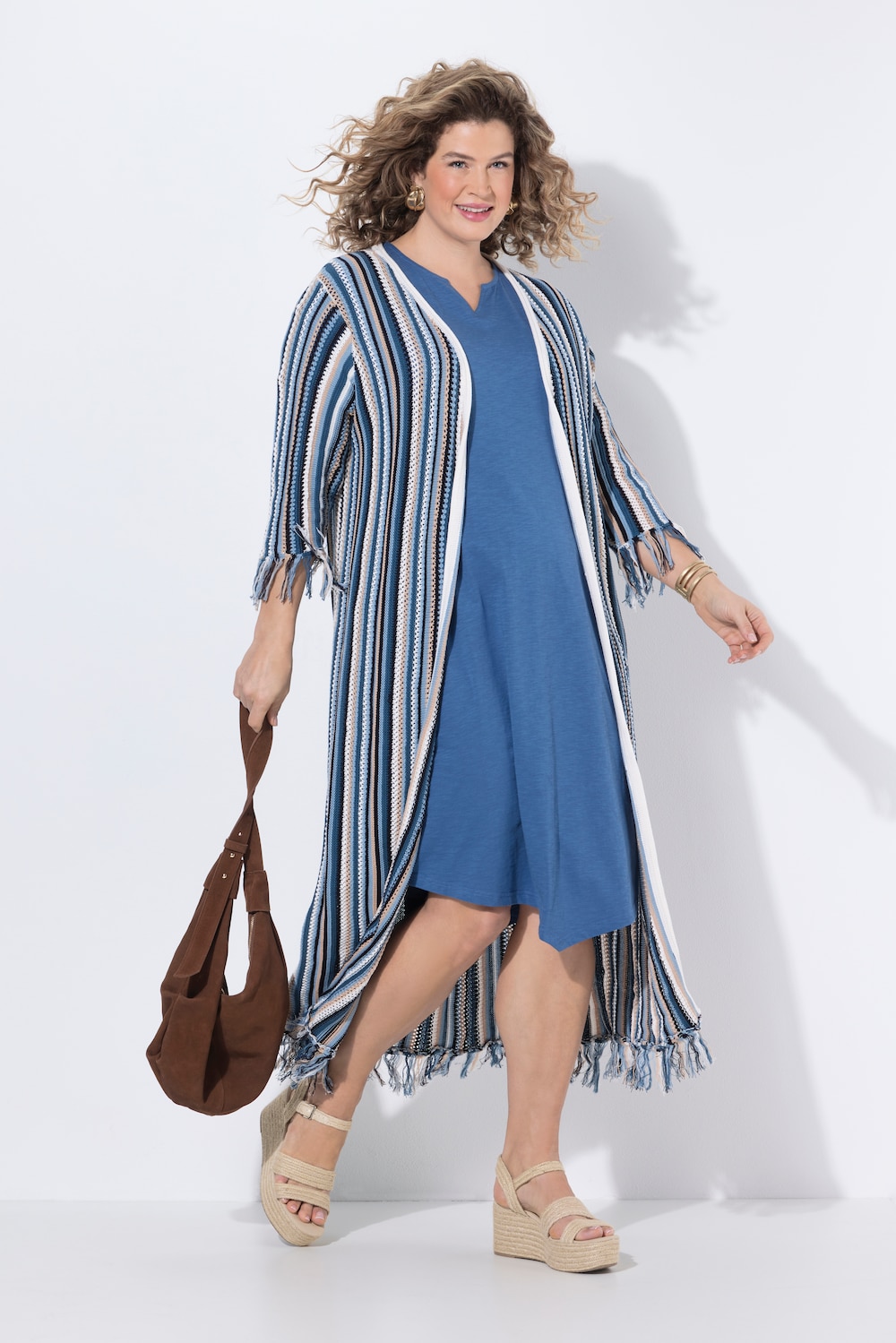 Long-Strickjacke, Ajourstreifen, Fransen, 3/4-Arm