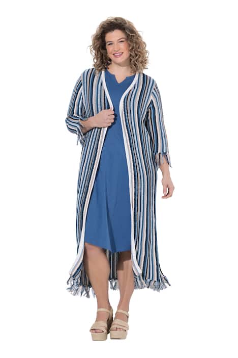 Dlouhý pletený kardigan, ažurové pruhy, třásně, 3/4 rukáv