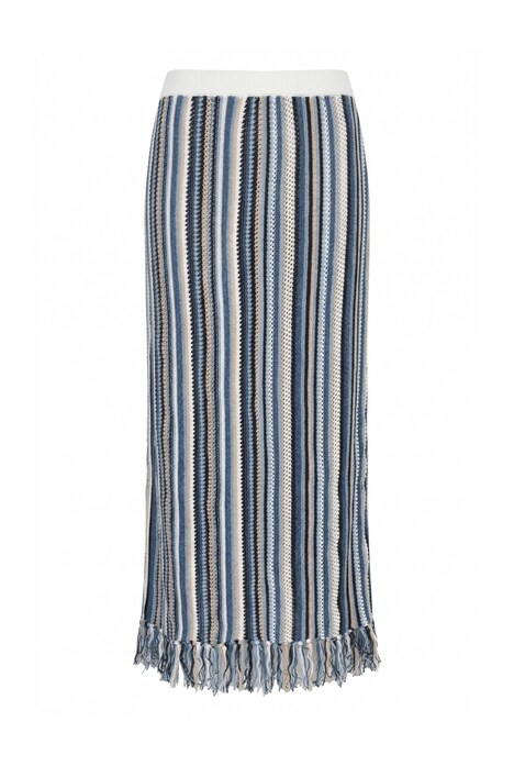 úpletová sukně, ažurové pruhy, třásně, pružný pas