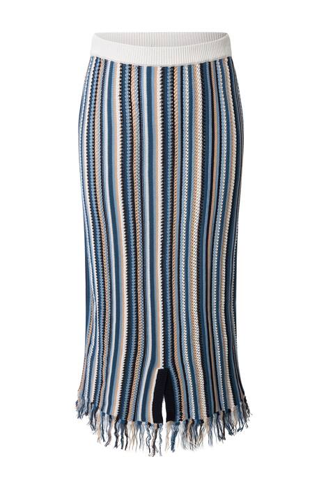 úpletová sukně, ažurové pruhy, třásně, pružný pas