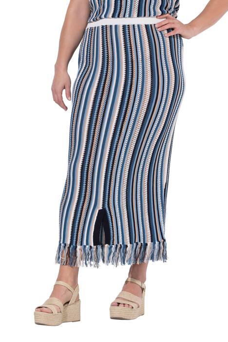 úpletová sukně, ažurové pruhy, třásně, pružný pas