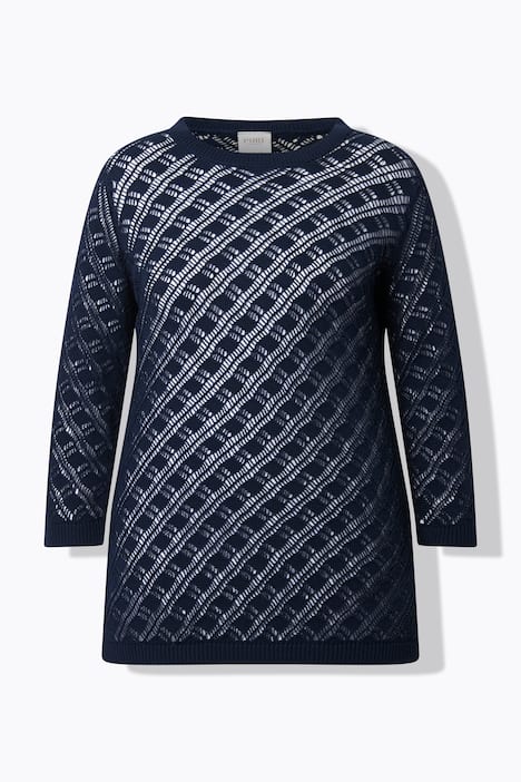 Pullover, modello a rete con punto ajour, scollo a girocollo e maniche a 3/4