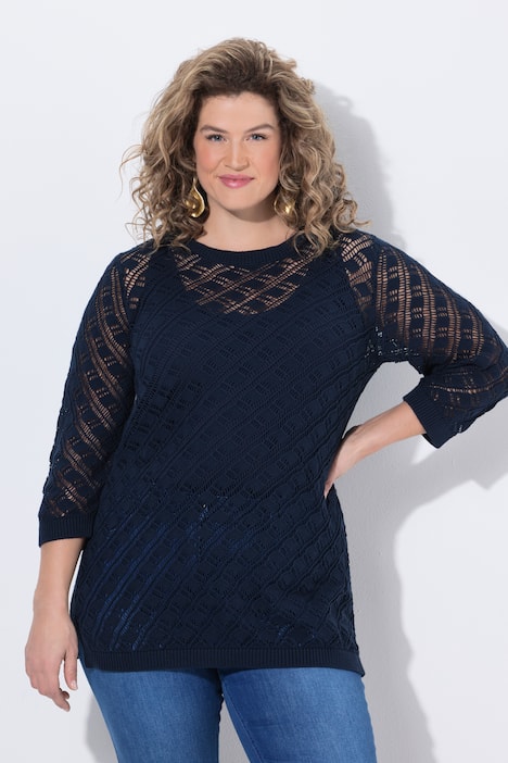 Pullover, modello a rete con punto ajour, scollo a girocollo e maniche a 3/4