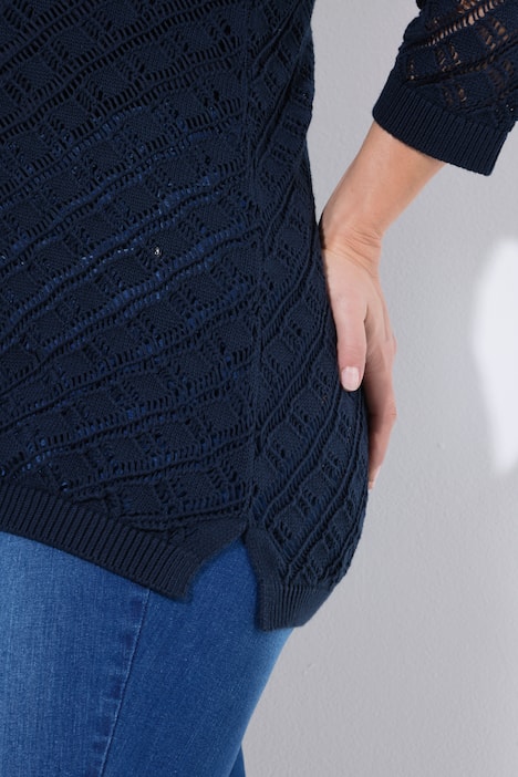 Pullover, modello a rete con punto ajour, scollo a girocollo e maniche a 3/4