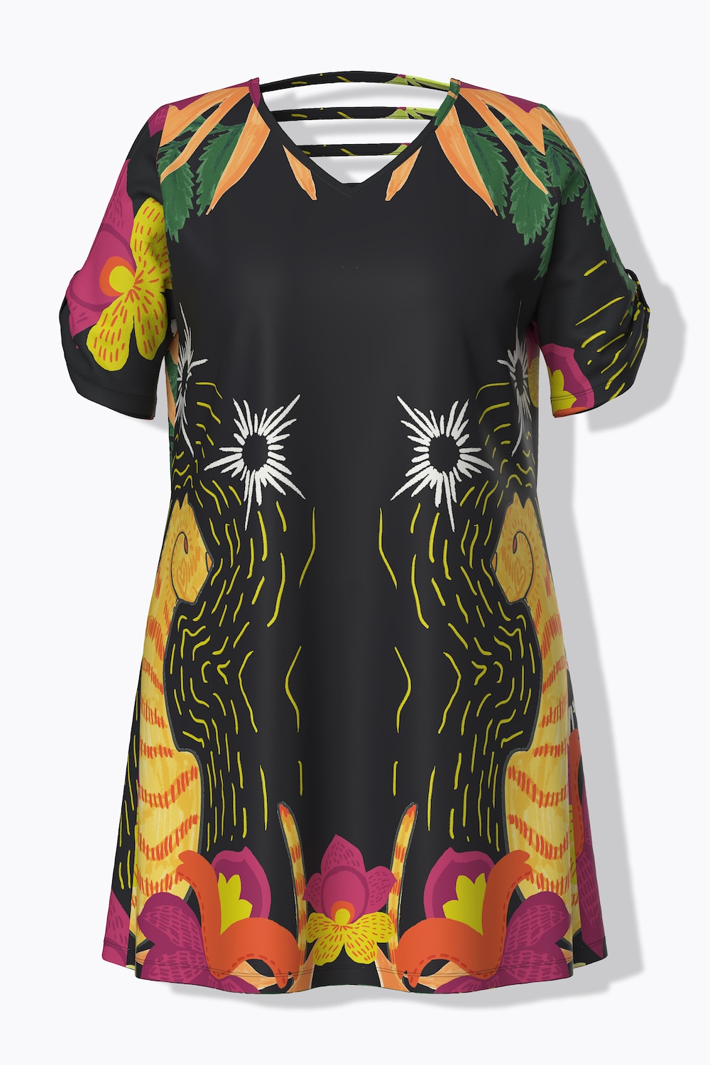 Jersey jurk, katten, A-lijn, V-hals, korte mouwen