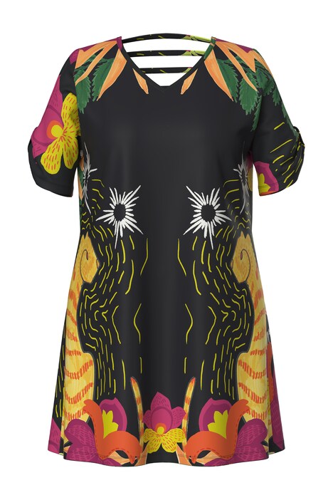 Žerzejové šaty, kočičí potisk, áčkový střih, V výstřih, polo rukávy