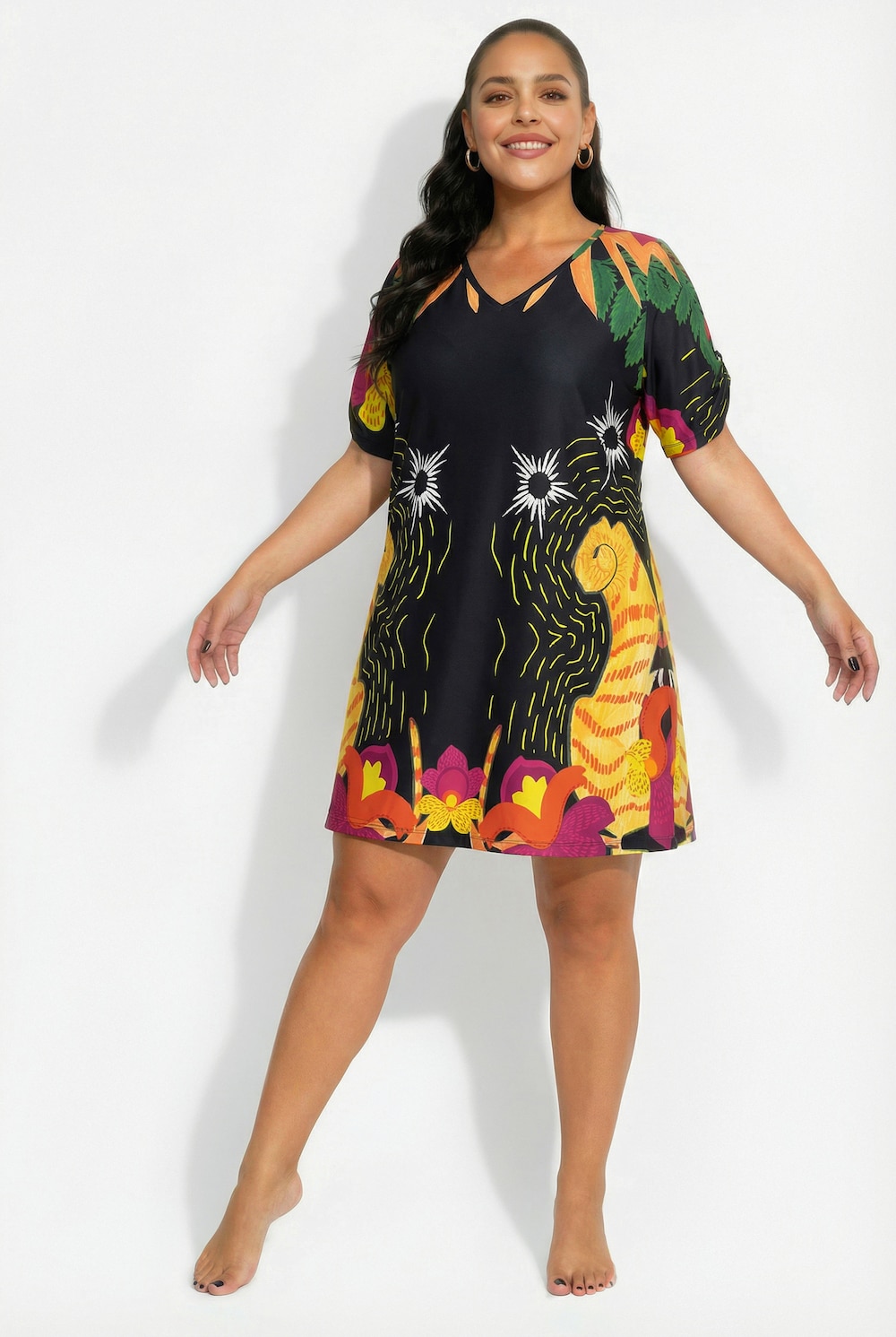 Jerseykleid, Katze, A-Linie, V-Ausschnitt, Halbarm