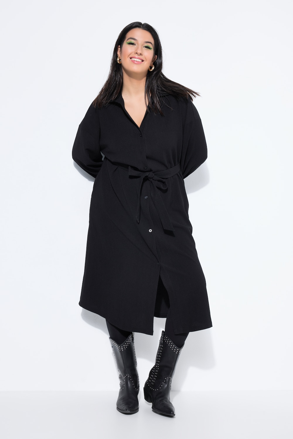 Hemdblusenkleid, A-Linie, Hemdkragen, Bindegürtel