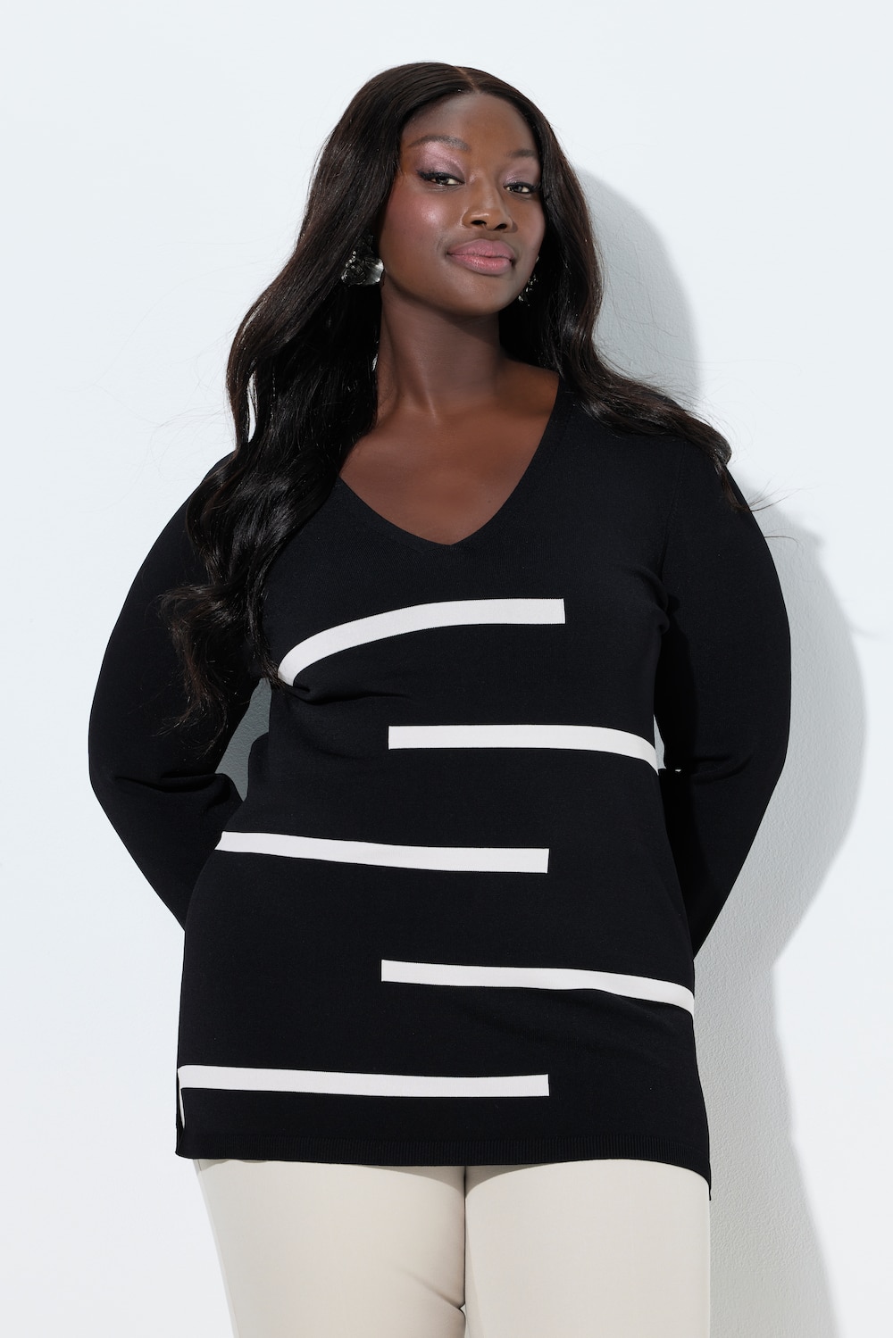 Pullover, Streifen, V-Ausschnitt, Langarm