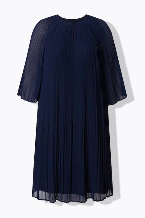 Plisseret kjole, A-form, tunika-udskæring, 3/4-lange ærmer