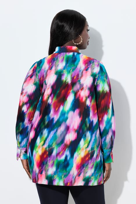 Plisseret bluse, A-form, skjortekrave, lange ærmer