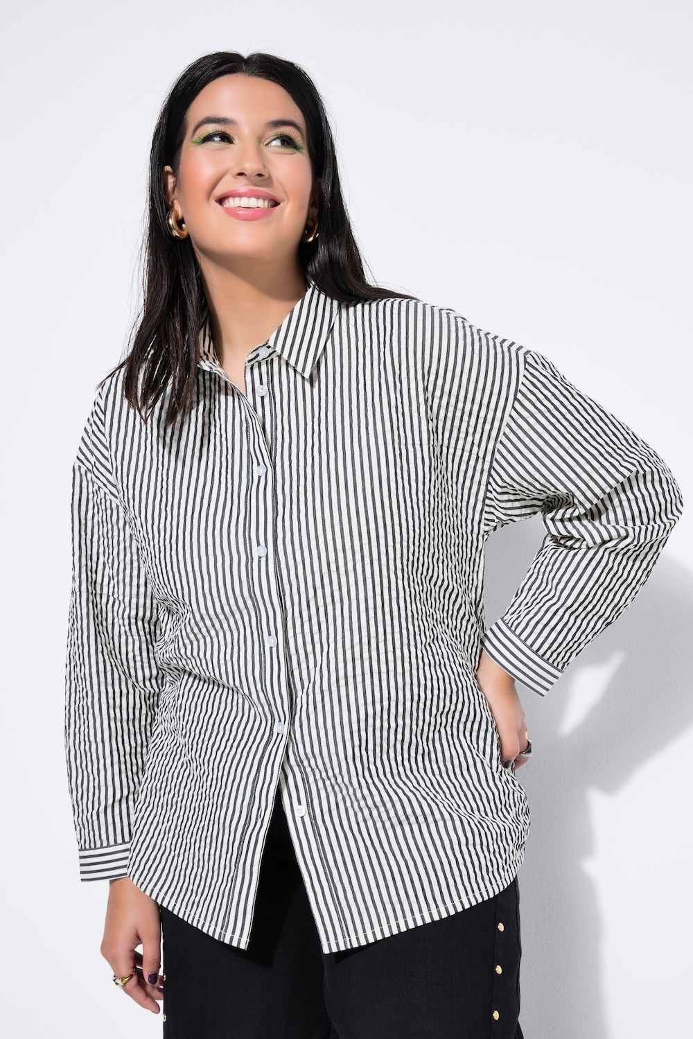 Skjortebluse, oversized i bæk og bølge med striber