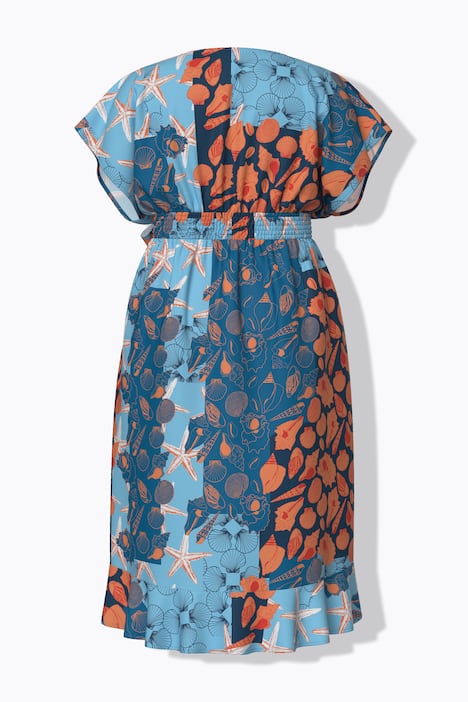 Caftan effet cache-cœur, motif coquillage, ruban à nouer et volant à la base