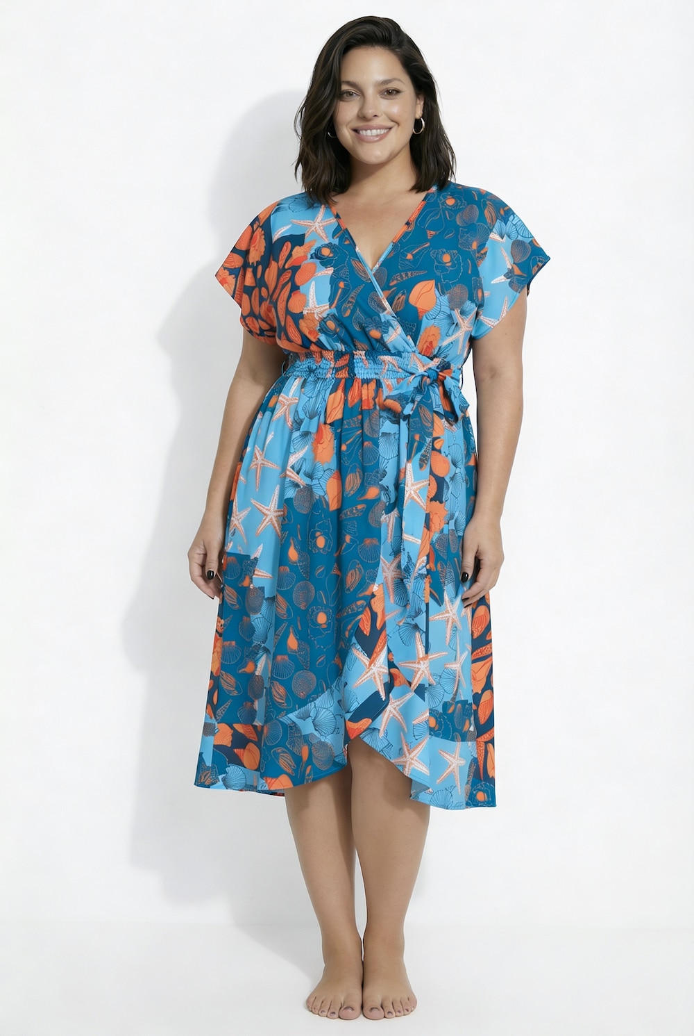 Wickel-Kaftan, Meeresmotive, V-Ausschnitt, Halbarm