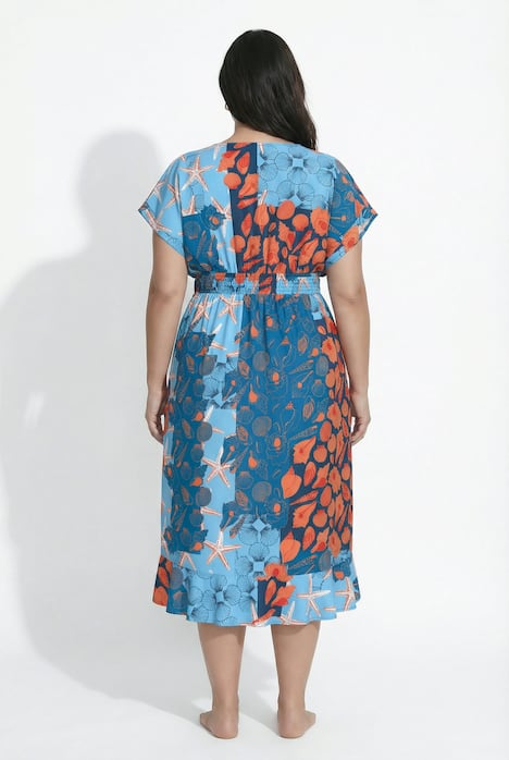 Wickel-Kaftan, Meeresmotive, V-Ausschnitt, Halbarm