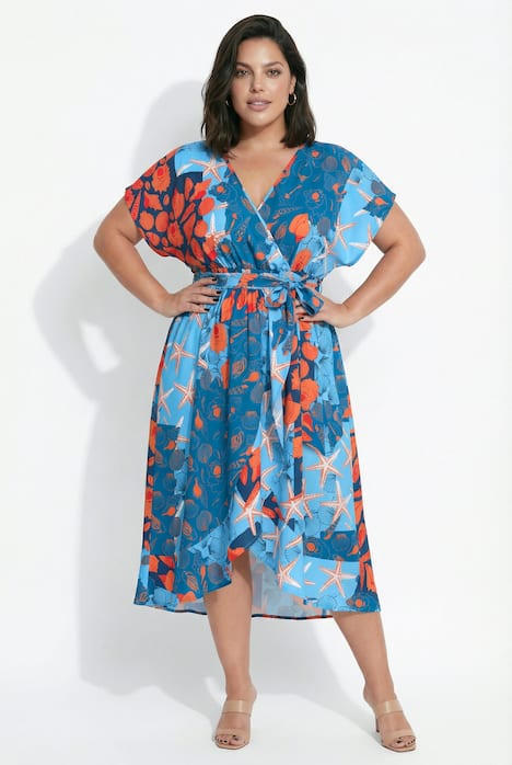 Wickel-Kaftan, Meeresmotive, V-Ausschnitt, Halbarm