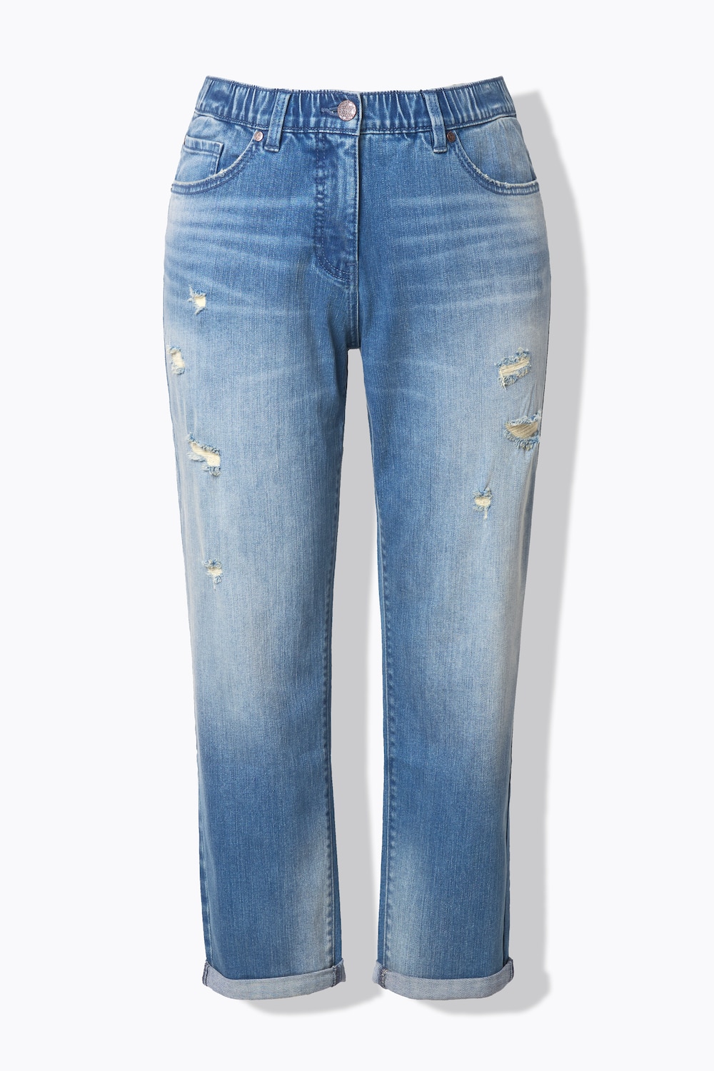 Stora storlekar Boyfriend-jeans med destroyed-effekter, Dam, blå, storlek: 60, Bomull, Ulla Popken