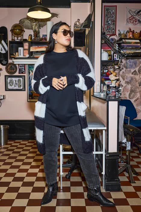 Long-Strickjacke, offene Form, Blockstreifen