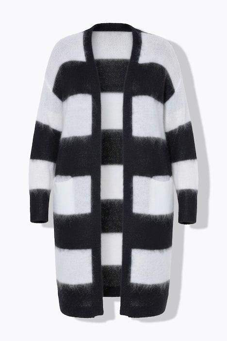 Long-Strickjacke, offene Form, Blockstreifen
