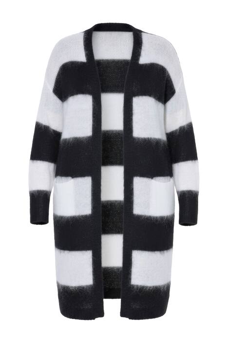 Dlouhý rozepínací svetr, otevřený střih, blokové pruhy