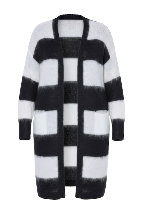 Dlouhý rozepínací svetr, otevřený střih, blokové pruhy