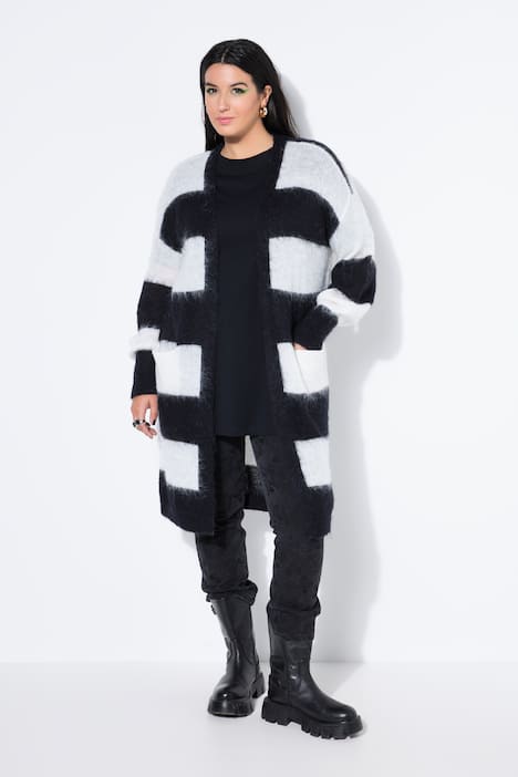 Long-Strickjacke, offene Form, Blockstreifen