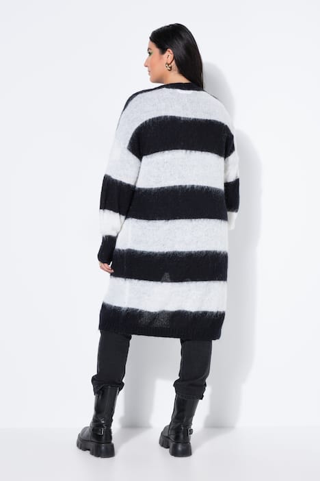 Long-Strickjacke, offene Form, Blockstreifen