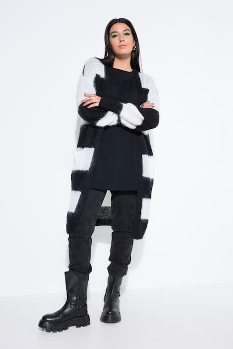 Long-Strickjacke, offene Form, Blockstreifen