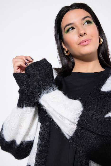 Long-Strickjacke, offene Form, Blockstreifen