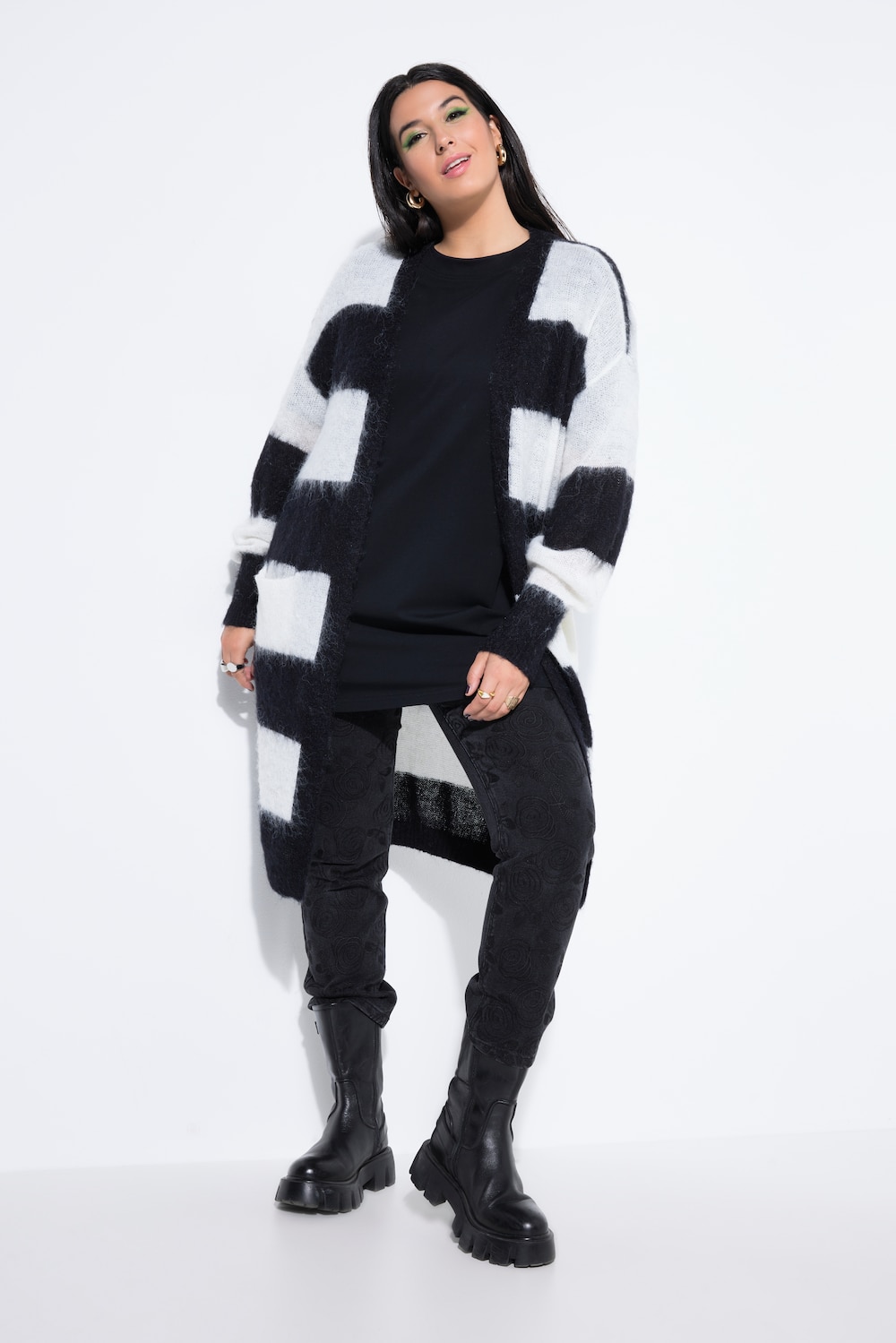 Long-Strickjacke, offene Form, Blockstreifen