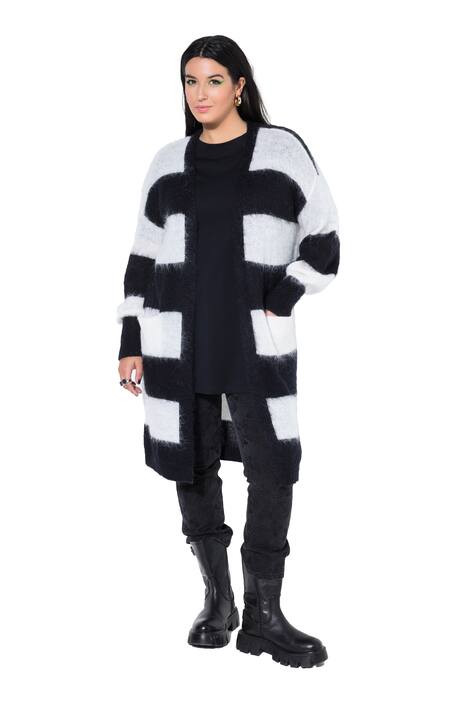 Dlouhý rozepínací svetr, otevřený střih, blokové pruhy