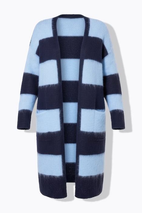 Long-Strickjacke, offene Form, Blockstreifen