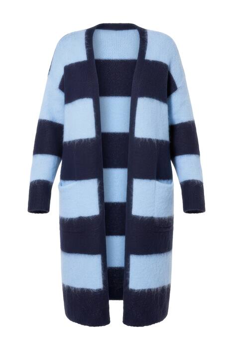 Dlouhý rozepínací svetr, otevřený střih, blokové pruhy