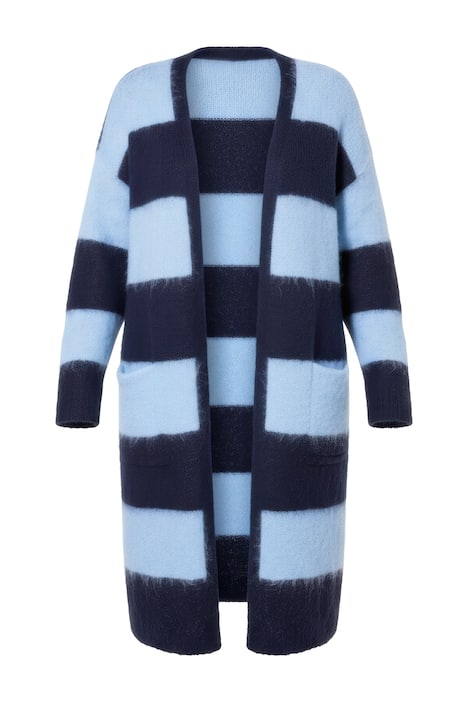 Dlouhý rozepínací svetr, otevřený střih, blokové pruhy