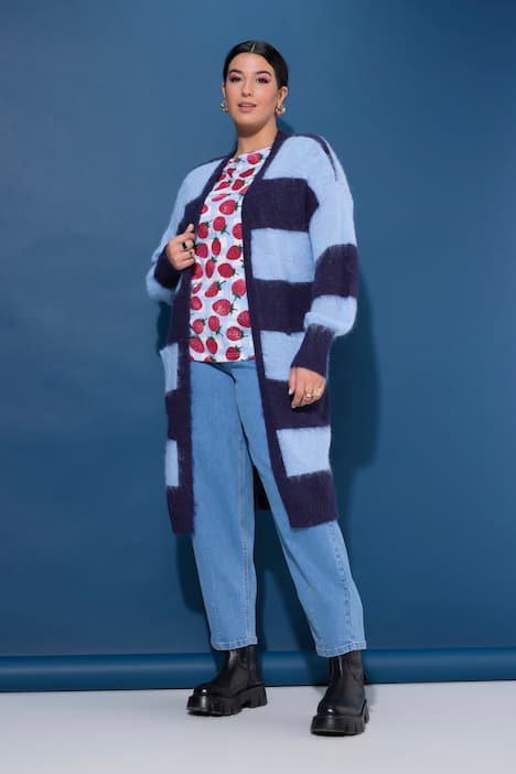 Long-Strickjacke, offene Form, Blockstreifen