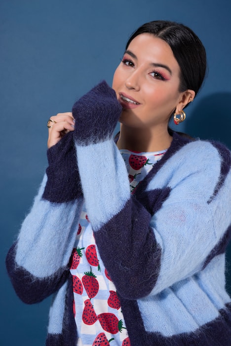 Long-Strickjacke, offene Form, Blockstreifen